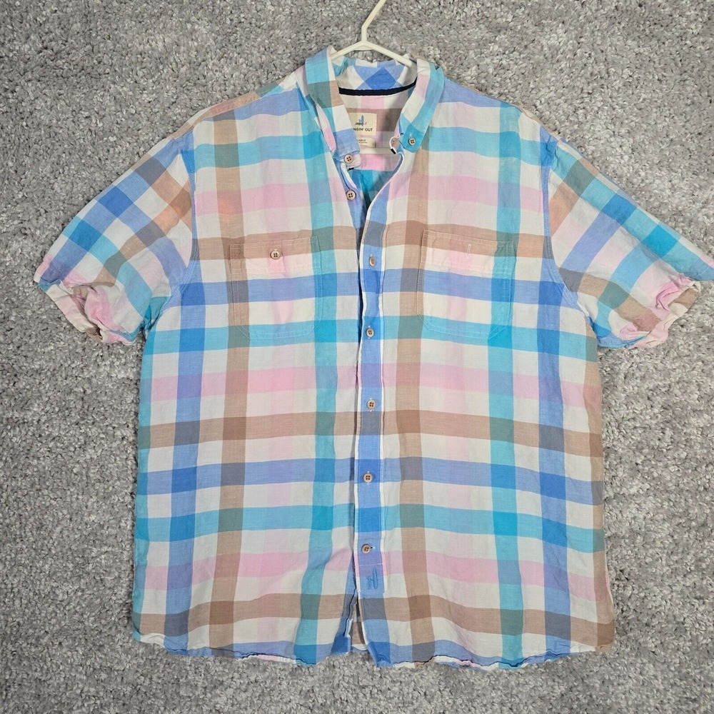Johnnie-O Mens‎ Linen Blend Gingham Shirt Short Sleeve Size XL Coastal Casual